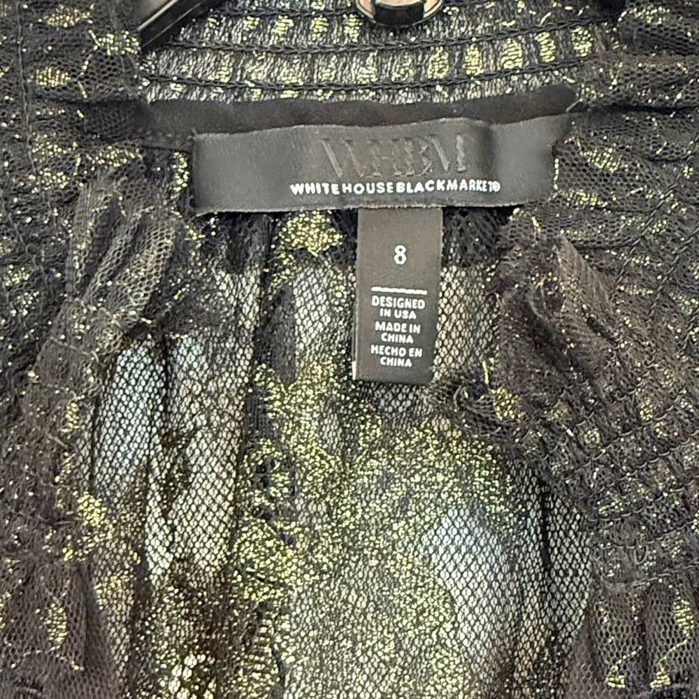 White House Black Market Black Sheer Lace Blouse with Gold Metallic Thread - Picture 6 of 7
